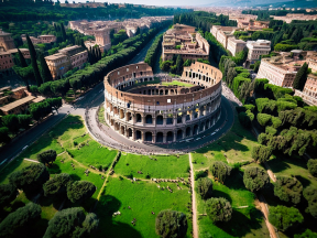 The Colosseum: Iconic Ancient Roman Amphitheatre Amidst Lush Greenery in Rome