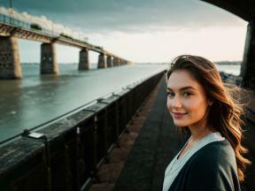Smiling Woman on Bridge Walkway at Sunset Over Waterfront with Distant Bridge