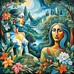 Enchanted Duality: A Surreal Encounter Between Myth and Reality in a Mystical Landscape