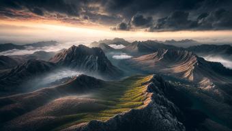 Sunlit Serenity: A Majestic Mountain Landscape at Dawn