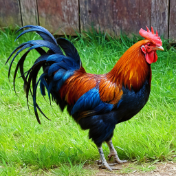 Colorful Rooster Standing on Grass in a Rustic Enclosure