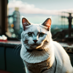 Majestic Long-Haired Cat Posing Gracefully Against a Serene Urban Dawn/Dusk Backdrop