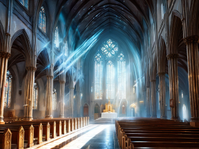 Ethereal Serenity: The Majestic Interior of a Gothic Cathedral Bathed in Sunlight