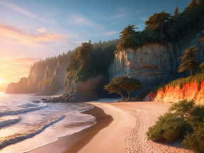 Golden Sunrise Over Serene Beach with Rocky Cliffs and Tranquil Ocean Horizon