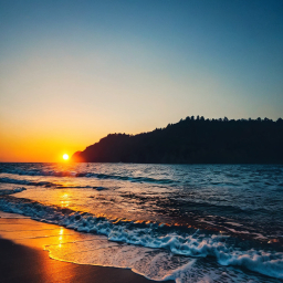 Golden Sunset Over Rocky Coastline with Silhouetted Hills
