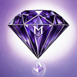 Glowing Purple Gemstone Emblazoned with 'M' on a Vibrant Purple-Blue Gradient Background