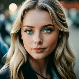 Professional Blonde Woman with Blue Eyes Walking Outdoors in Daylight