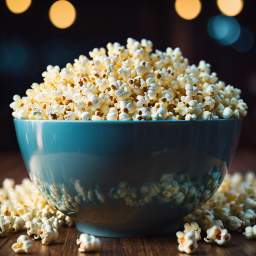 Cozy Evening Snack: A Bowl of Popcorn with Scattered Kernels in Soft Lighting