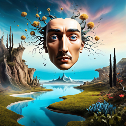 Surreal Dreamscape: Floating Face Amidst Desert and Mountains