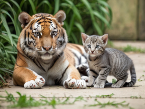 Unlikely Friends: A Relaxed Tiger and Curious Kitten Share a Moment in the Wild