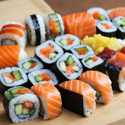Assorted Sushi Rolls with Fresh Fish and Vegetables on a Wooden Platter