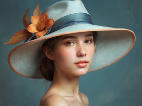 Elegant Studio Portrait of a Woman Wearing a Wide-Brimmed Decorative Hat