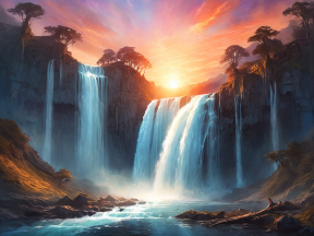 Radiant Cascade: A Digital Masterpiece of Sunlit Waterfall and Lush Rainforest
