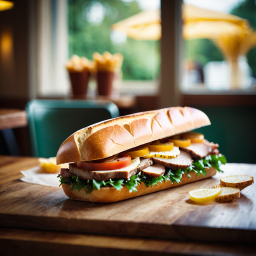 Delicious Gourmet Sub Sandwich with Fresh Toppings Served in a Cozy Restaurant Setting