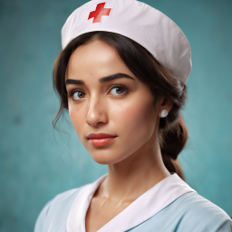 Vintage Nurse Uniform: Classic White Cap with Red Cross and Blue Tunic Portrait
