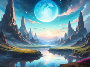 Moonlit Fantasy Landscape: Serene Cliffs and Reflective Waters Amidst Mystical Flora