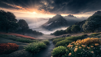 Tranquil River Winding Through Lush Hills Beneath Dramatic Cloudy Sky