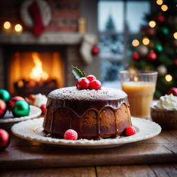 Cozy Holiday Dessert: Chocolate Pudding Cake with Berries by the Christmas Tree and Fireplace