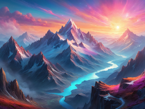 Enchanted Dawn: A Serene Fantasy Landscape of Jagged Mountains and Winding River