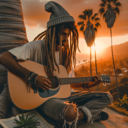 Serene Sunset Guitar Session Amidst Palm Trees