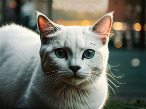 Captivating Blue-Eyed Cat Gazing Through Nighttime Window