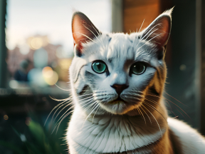 Calm Colorpoint Cat Indoors Gazing Through a Window with Warm Light Background