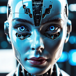 Close-Up of a Lifelike Humanoid Robot with Blue Eyes and Intricate Mechanical Details