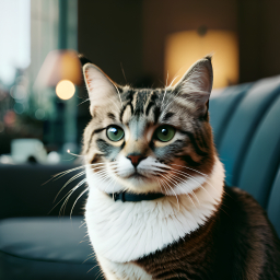 Attentive Cat Indoors Wearing Collar in Cozy Living Room Setting