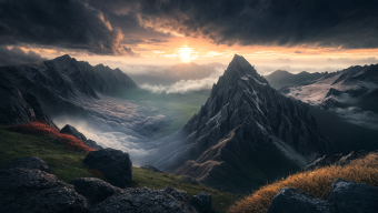 Solitary Explorer Amidst Majestic Mountain Peaks at Dawn