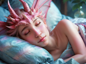 Dreamlike Fantasy: Person Resting with Dragon Horns and Scaled Skin in Serene Blue Setting