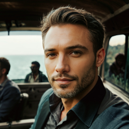 Man Enjoying a Scenic Coastal Tour from an Open Vehicle Door