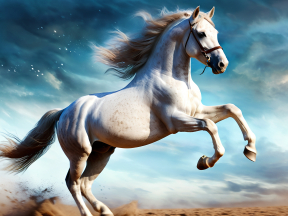 Majestic White Horse Galloping Across a Dusty Desert Plain Under a Dramatic Sky