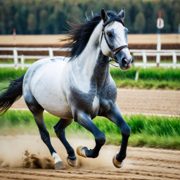 Dapple Gray Racehorse Sprinting at Full Speed on Outdoor Racetrack