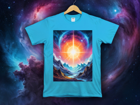 Celestial Sunrise: Artistic Earth and Space Graphic on Blue T-Shirt