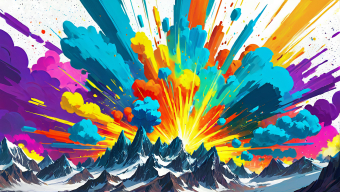 Vibrant Mountain Explosion: A Burst of Color Against Snow-Capped Peaks