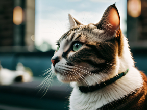 Curious Striped Cat Indoors with Reflective Light and Collar