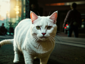Night Stroll: A Fluffy Cat Navigates the Urban Streets Under City Lights