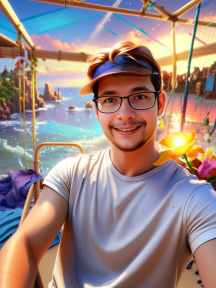 Person Taking a Selfie with Glasses and Headband Against a Vibrant Beach Video Game Background