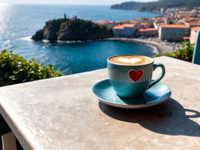 Savoring Latte Art with a Stunning Coastal View at a Mediterranean Café