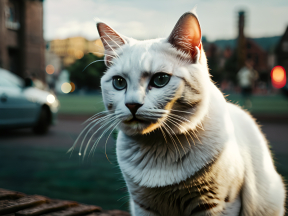 Curious British Shorthair Cat Sitting on Wooden Bench at Twilight