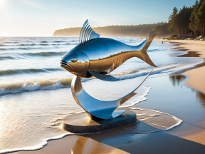 Reflective Fish Sculpture at Sunrise: A Serene Beachside Art Installation