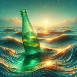 Ethereal Glow: A Serene Bottle Adrift on Vibrant Blue Waters at Sunrise
