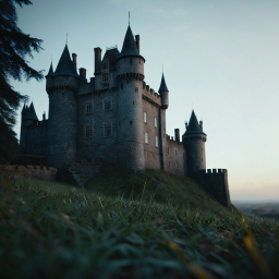 Majestic European Castle at Dawn Amidst Lush Hillside Vegetation