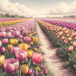 Vibrant Tulip Fields with Winding Path Under Early Spring Skies