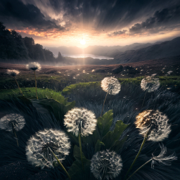 Tranquil Sunrise: Dandelions and Reflections in a Serene Landscape