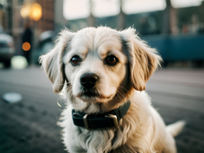 Small Light-Furred Dog Sitting on Pavement in Urban Evening Setting