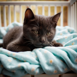Cozy Comfort: A Fluffy Black Kitten Relaxing Inside a Converted Pet Carrier