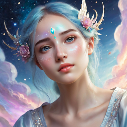 Ethereal Fantasy Character with Celestial Markings and Dreamy Sky Background