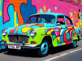 Vintage Car Transformed into Vibrant Art Piece Amid Colorful Graffiti Backdrop