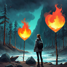 Journey Through the Storm: A Surreal Path of Flaming Hearts